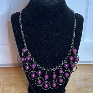Silver Tone and Purple Round Beaded Statement Chain Necklace 19-21”